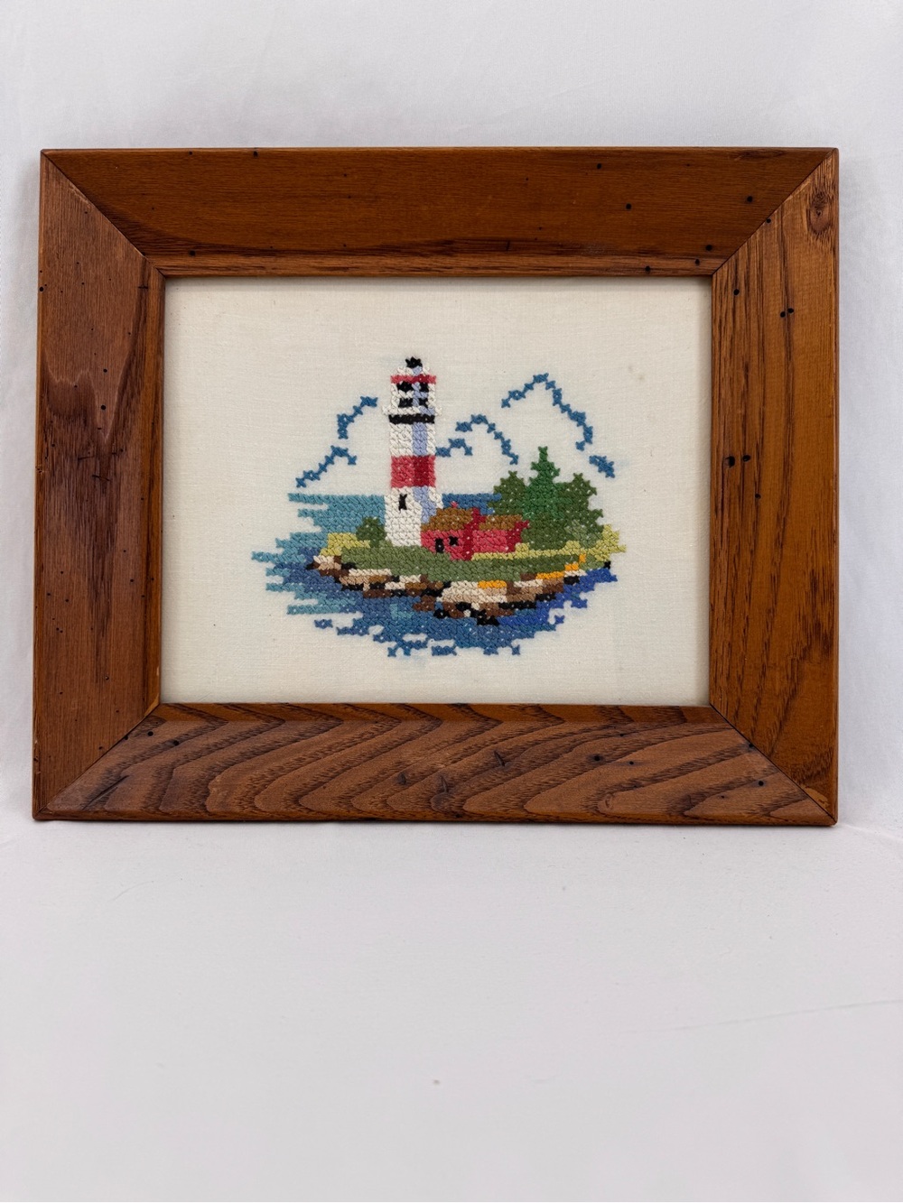 Vintage 1950’s Coastal Lighthouse Needlepoint Art Rustic Wood Frame Cottagecore